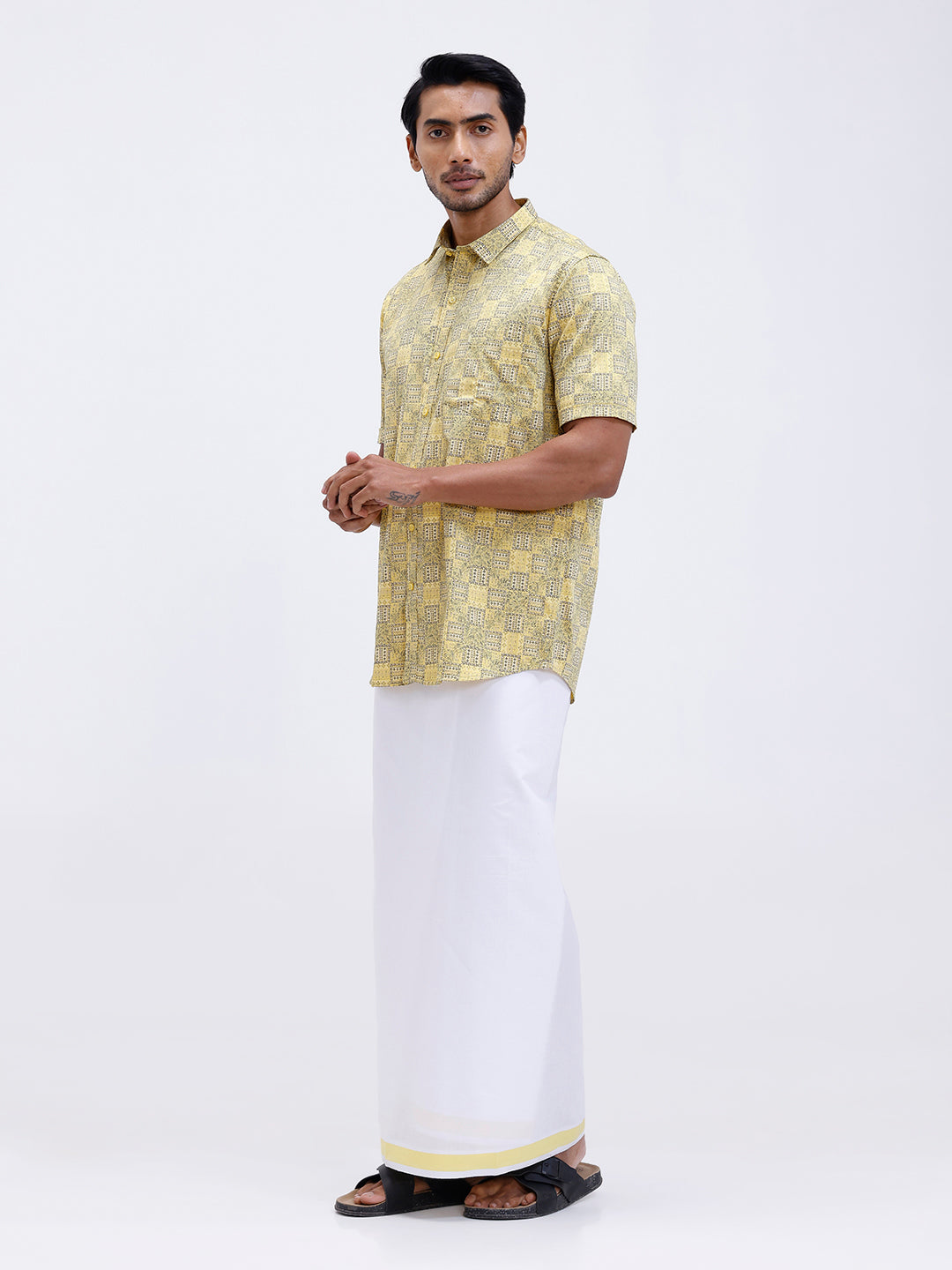 Men Golden Yellow Matching Border Dhoti With Printed Shirt Set Fusion PS14