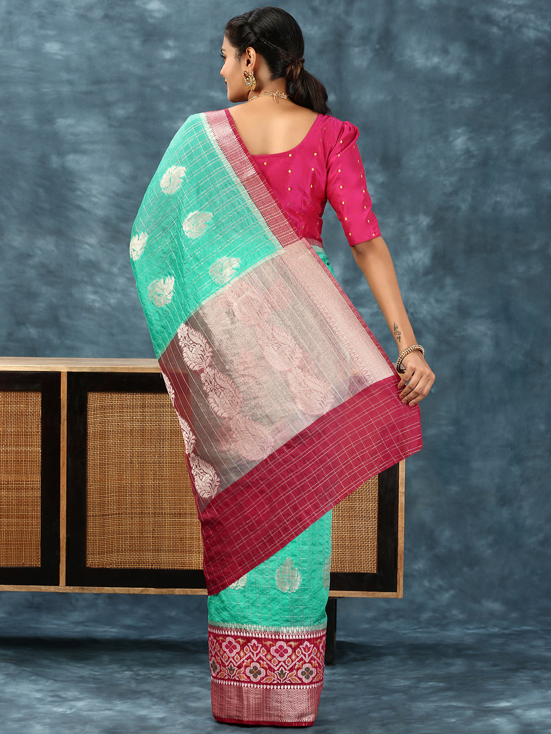 Women Semi Raw Silk Weaving Saree Blue SRS86