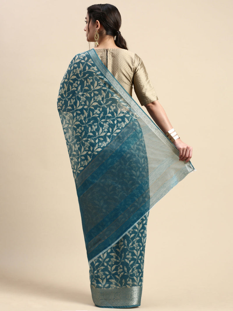 Womens Semi Linen Digital Print Bluish Green & Sandal Saree SL53