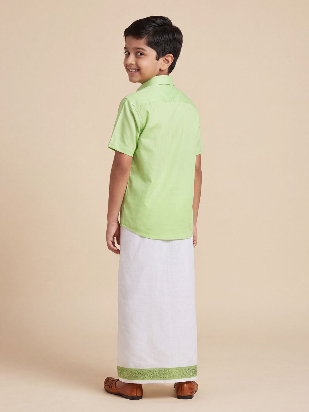 Boys 100% Cotton Green Shirt and Fancy Border Dhoti Set BT3