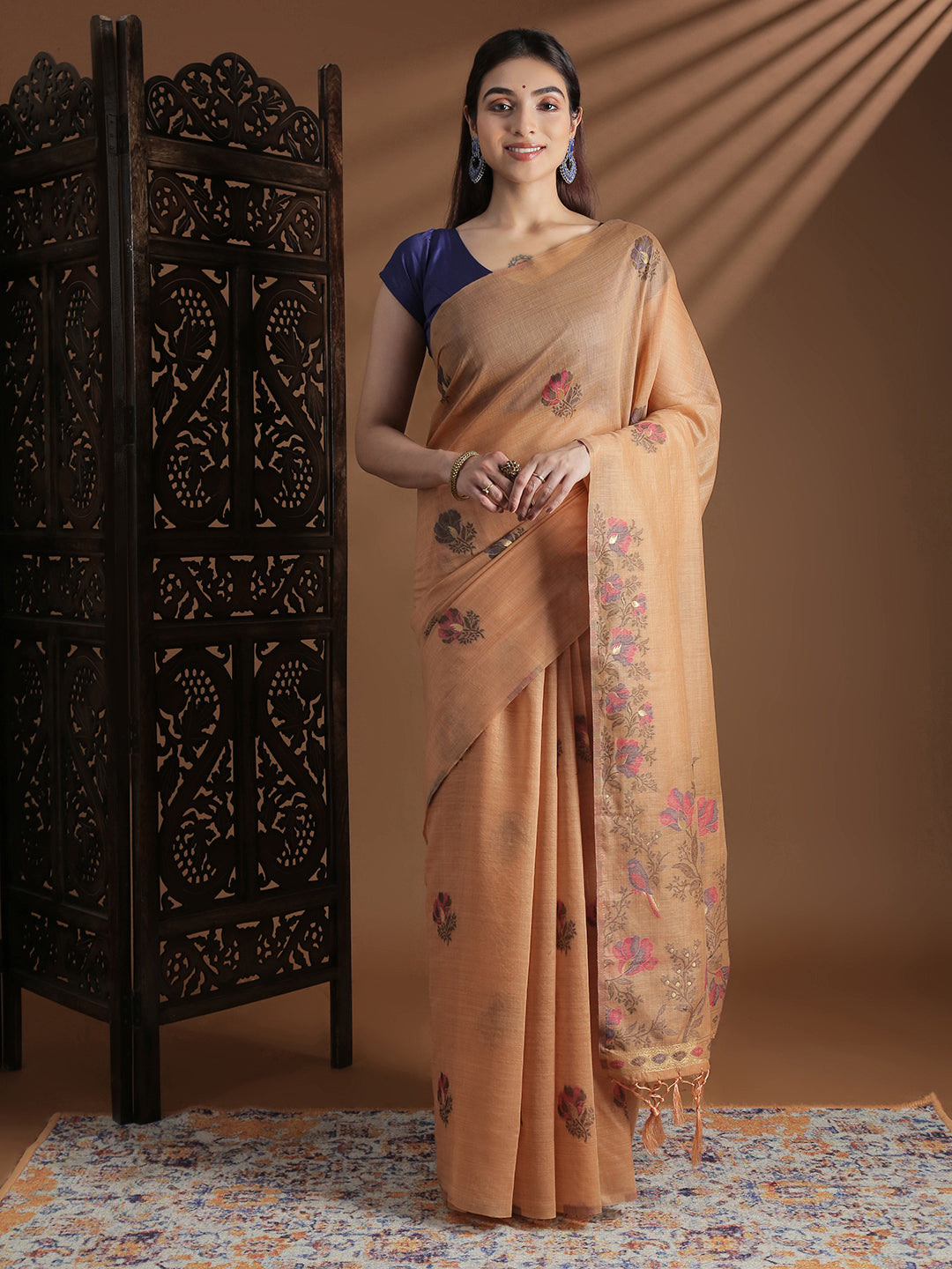 Women Orange Cotton Weaving Saree PCS249