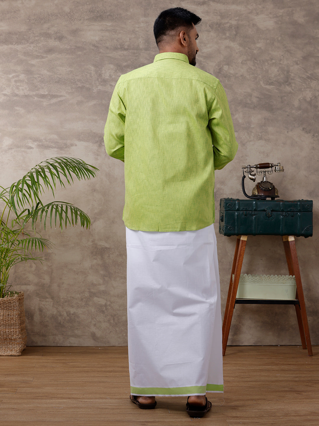 Mens Matching Border Dhoti & Shirt Set Full Green C82