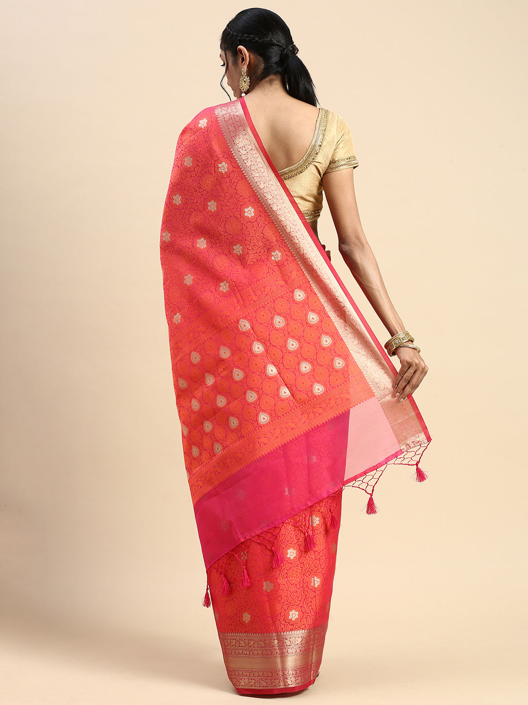 Semi Kora Cotton Allover Design Saree Dark Pink & Orange with Zari Border SKCW02-Back view