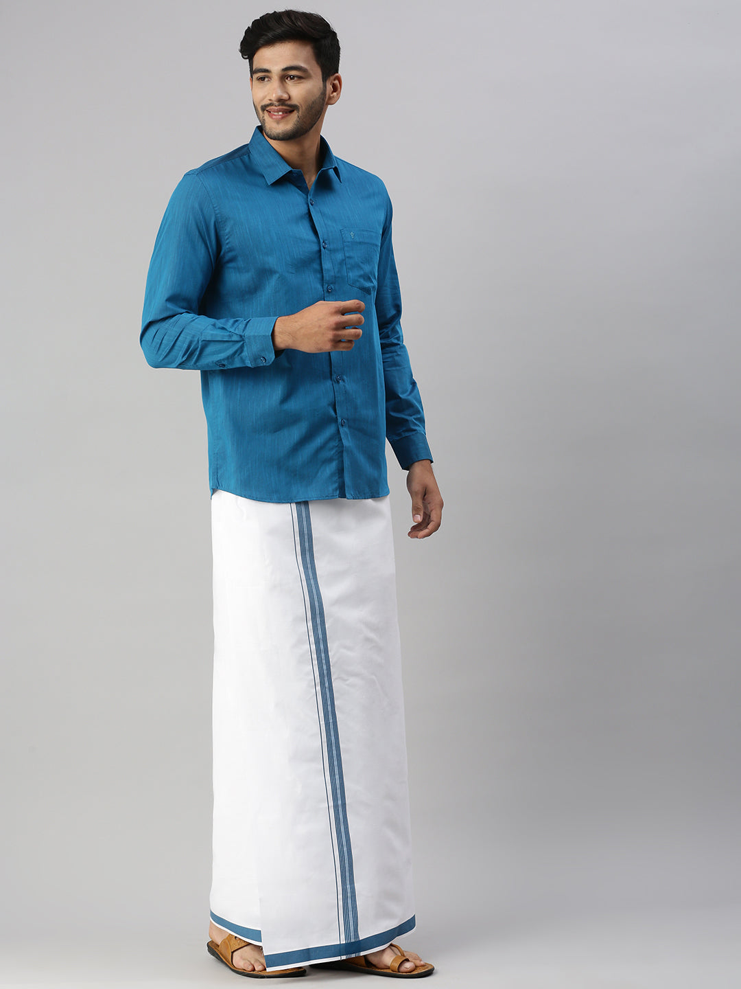 Mens Blue Matching Border Dhoti & Full Sleeves Shirt Set Evolution IC4-Side view