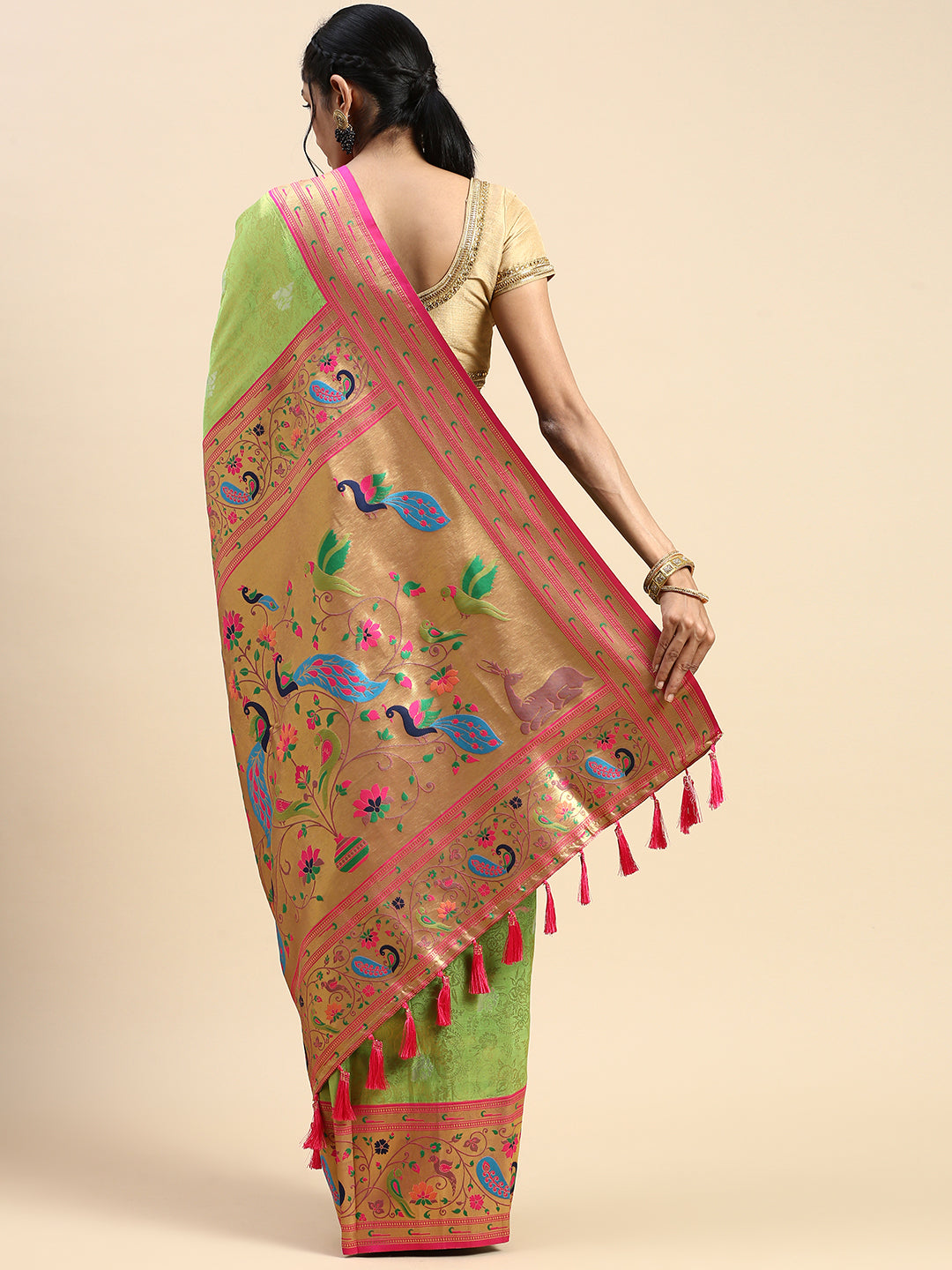 Matching Dhoti Shirt & Semi Silk Saree Couple Combo Green-Saree back view