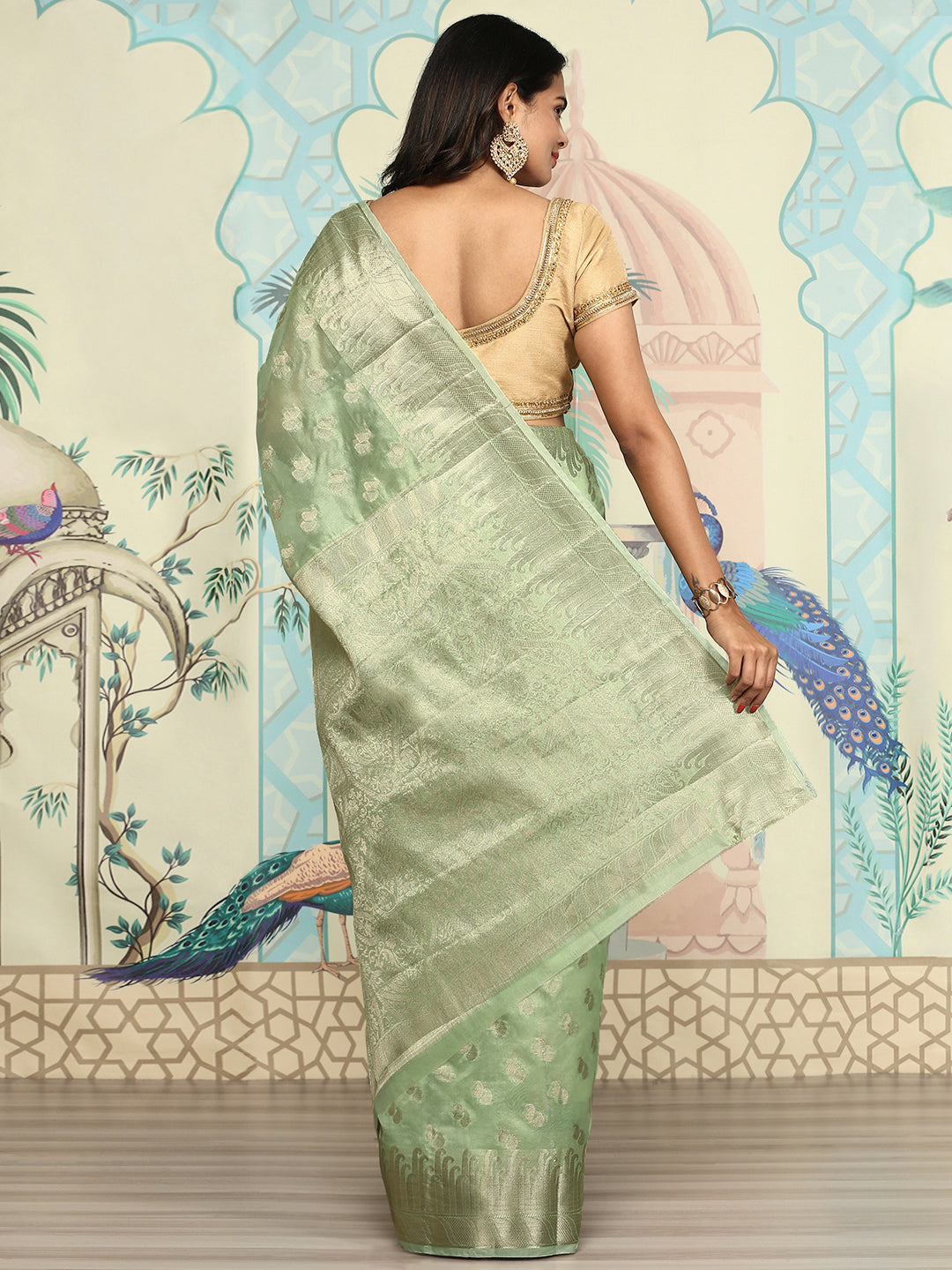 Women Semi Orgenza Weaving Saree Green SOS18