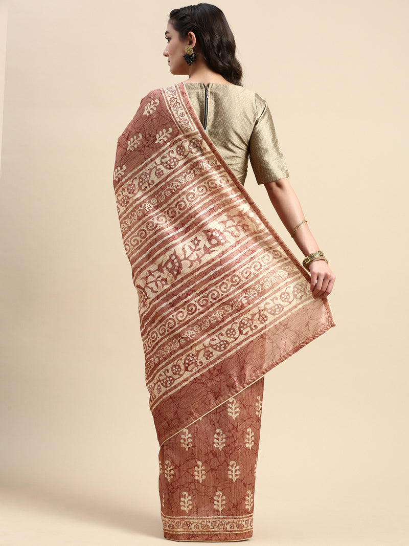 Womens Semi Cotton Brown and Sandal Flower Printed Saree SCS25