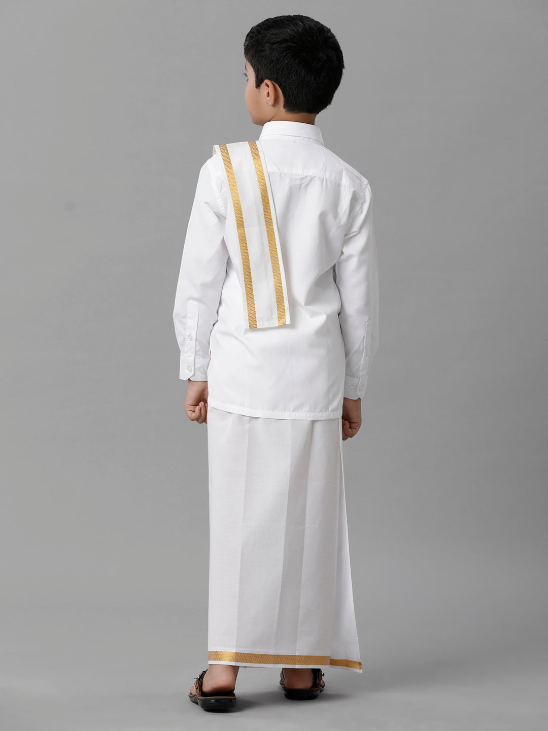 Boys Cotton White Full Sleeves Shirt Dhoti with Towel Set-Back view