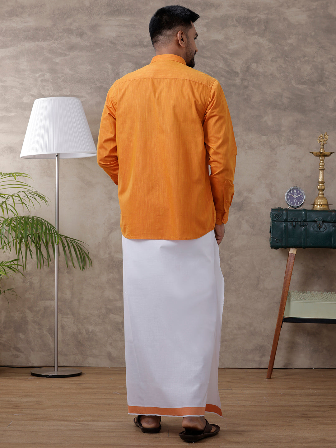 Mens Orange Matching Border Dhoti & Full Sleeves Shirt Set Evolution IC1