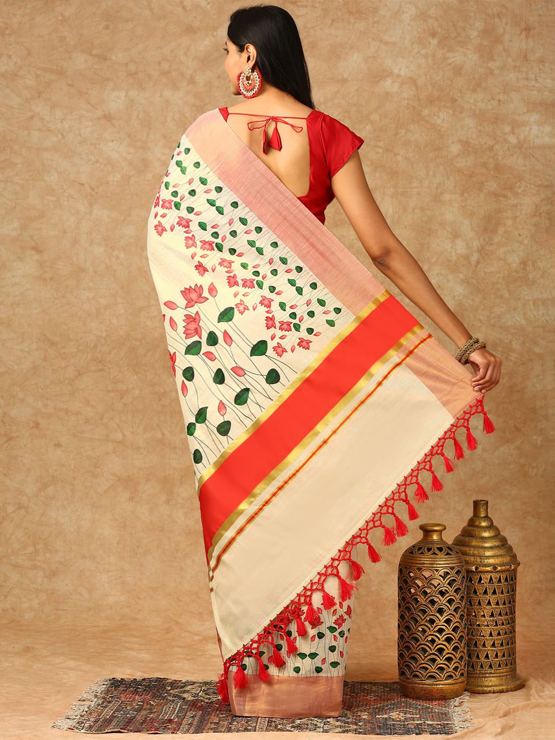 Women Kerala Cream Tissue Printed Saree KS154