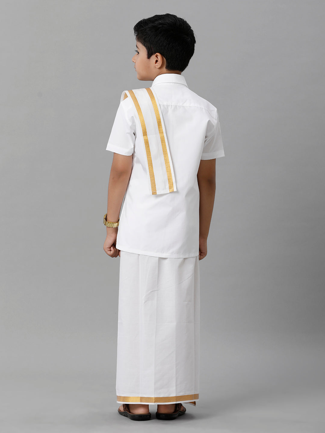 Boys Cotton White Half Sleeves Shirt Dhoti with Towel Set-Back view