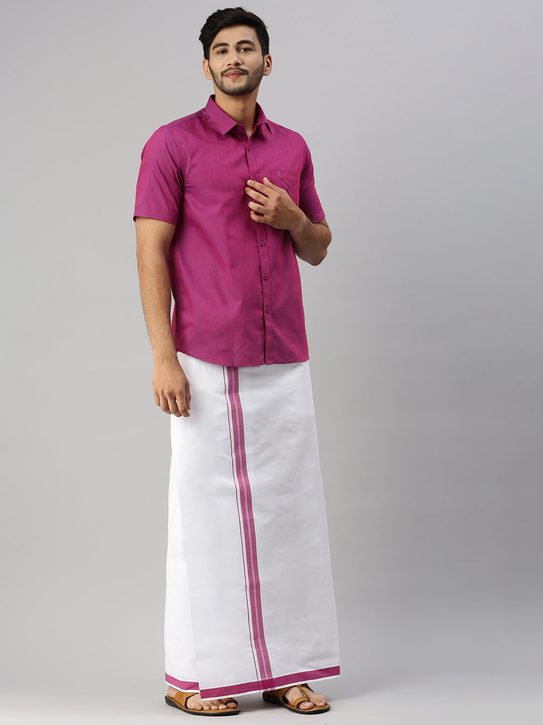 Mens Magenta Matching Border Dhoti & Half Sleeves Shirt Set Evolution IC3-Full view