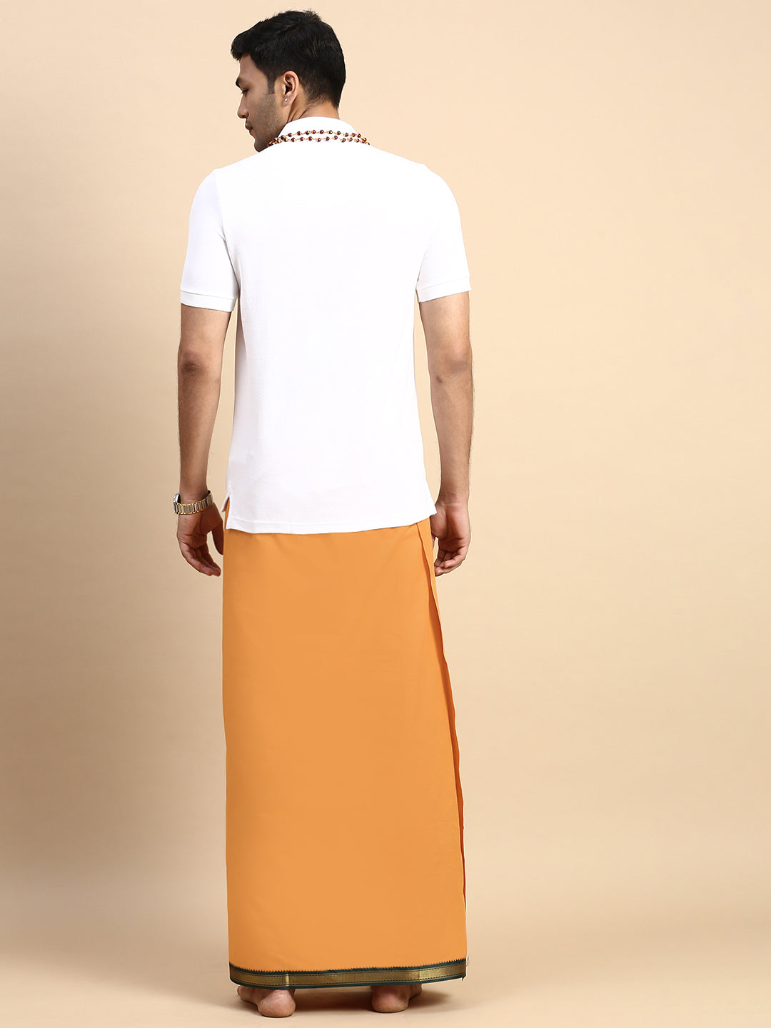 Men Devotional Mayilkhan Border Dhoti & TShirt Set Kaavi EP1