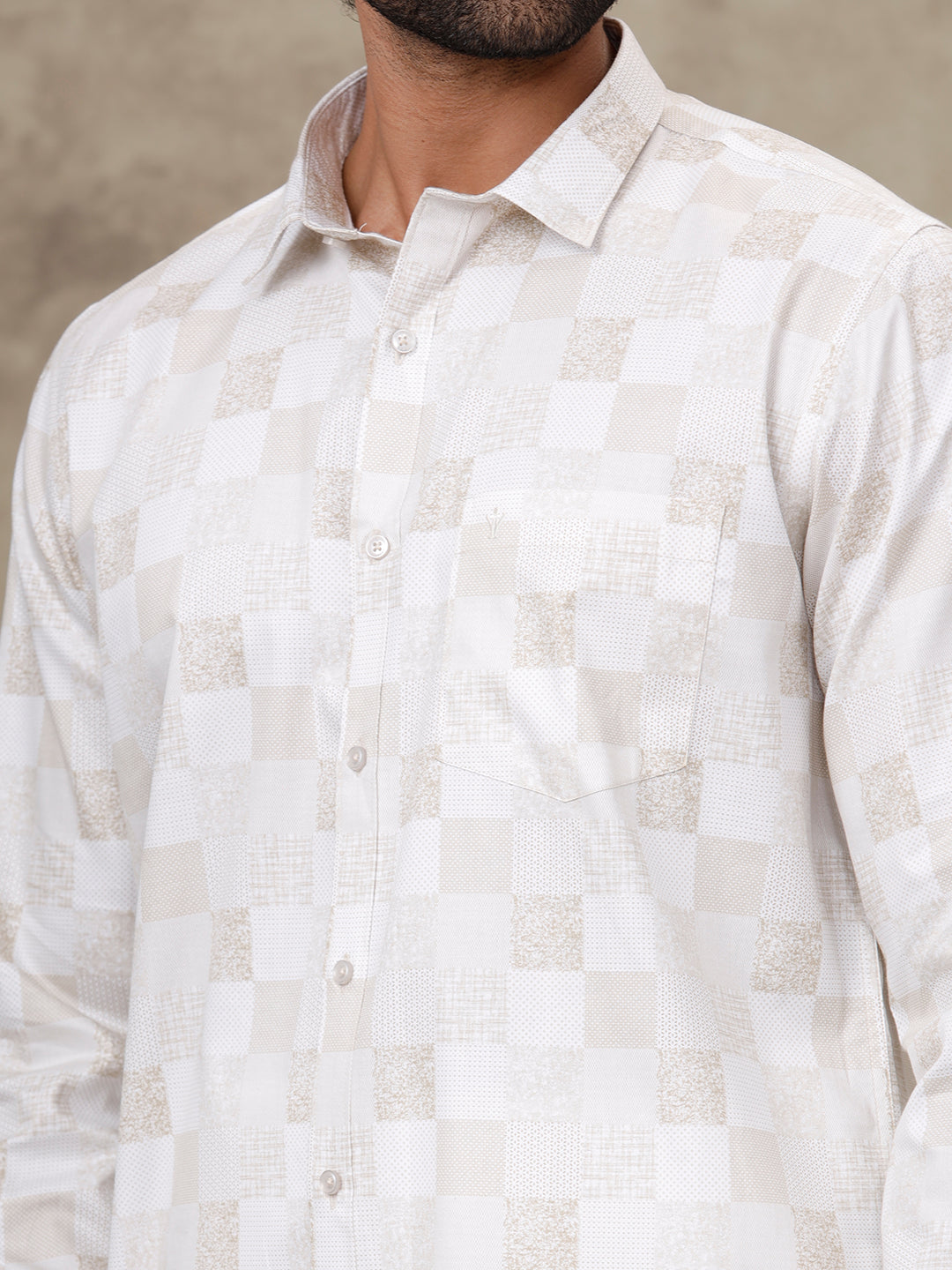 Men Cream Matching Border Dhoti With Printed Shirt Set Fusion PS1