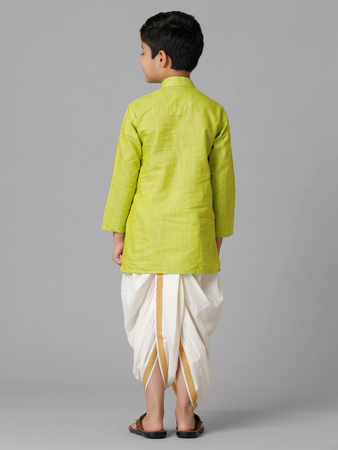 Boys Cotton Parrot Green Kurta with Cream Elastic Panchakacham Towel Combo FS2-Back view