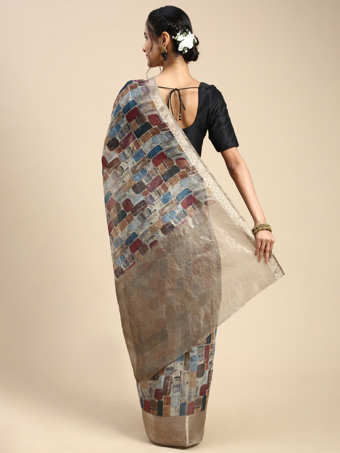 Women Stylish Semi Silk Navy Saree with Silver Jari Border SS72