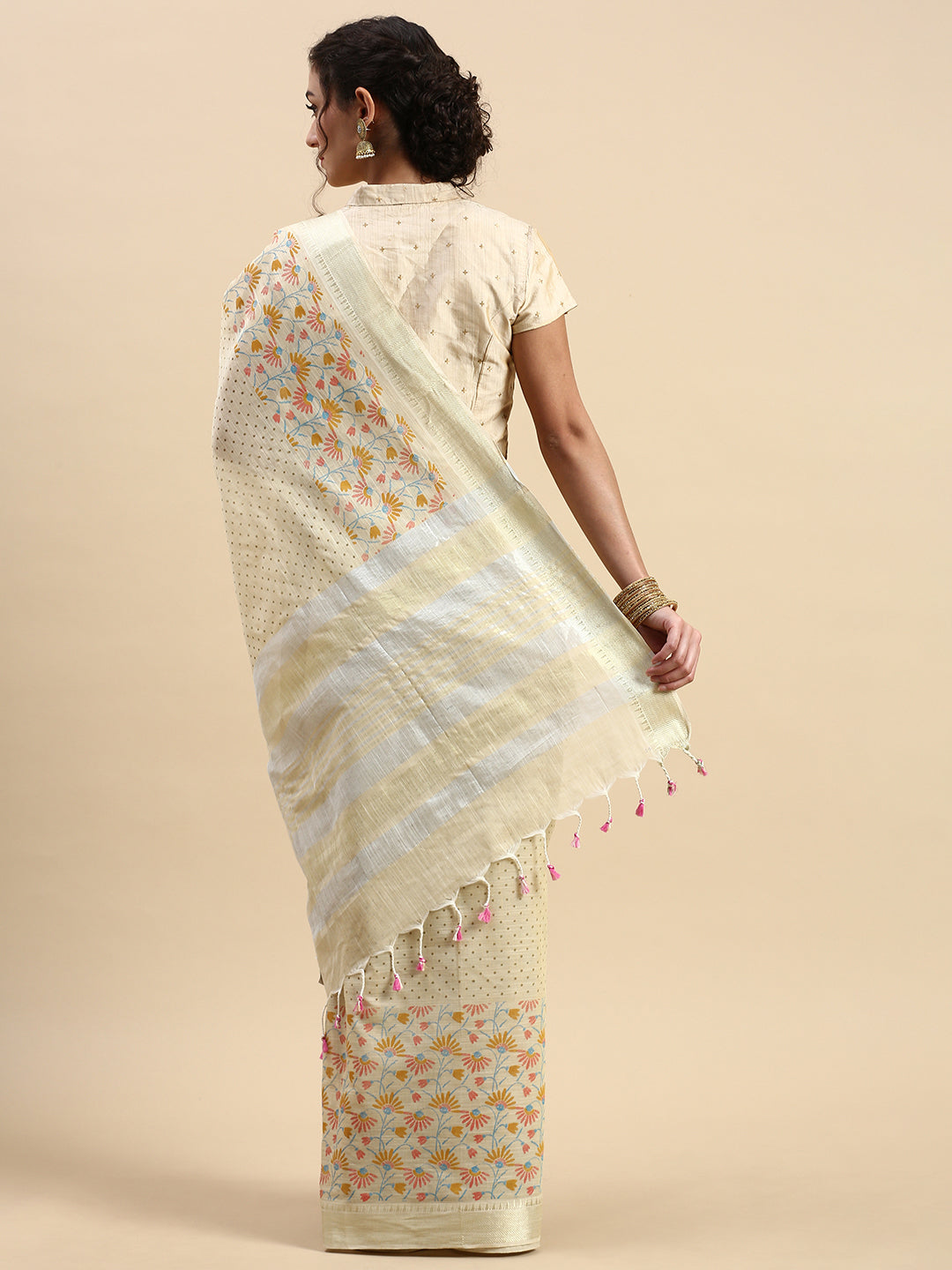 Semi Cotton Printed Saree Sandal and Pink SCS09-Back view