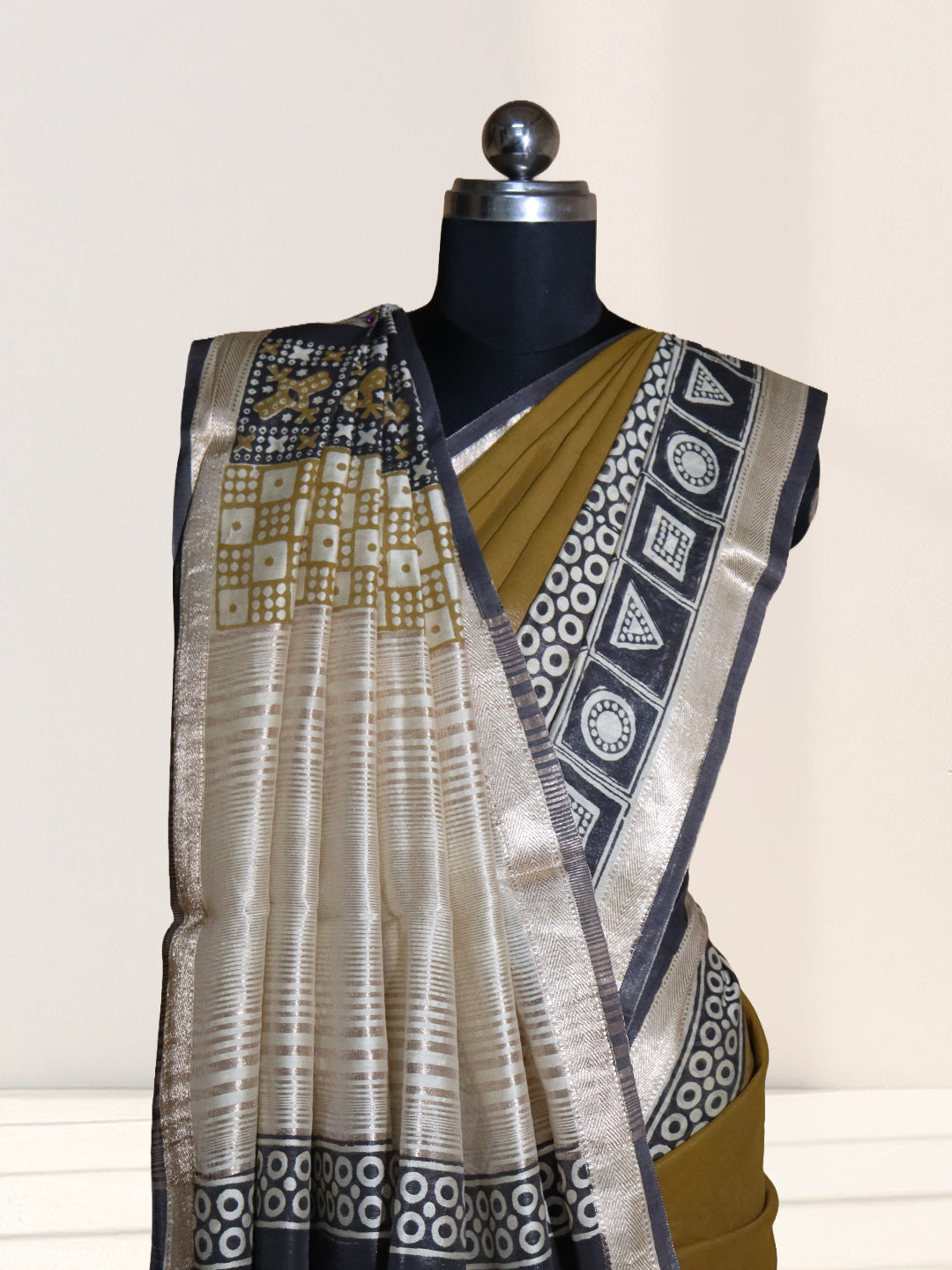 Women Mustard Green Semi Chanderi Cotton Printed Saree SC81