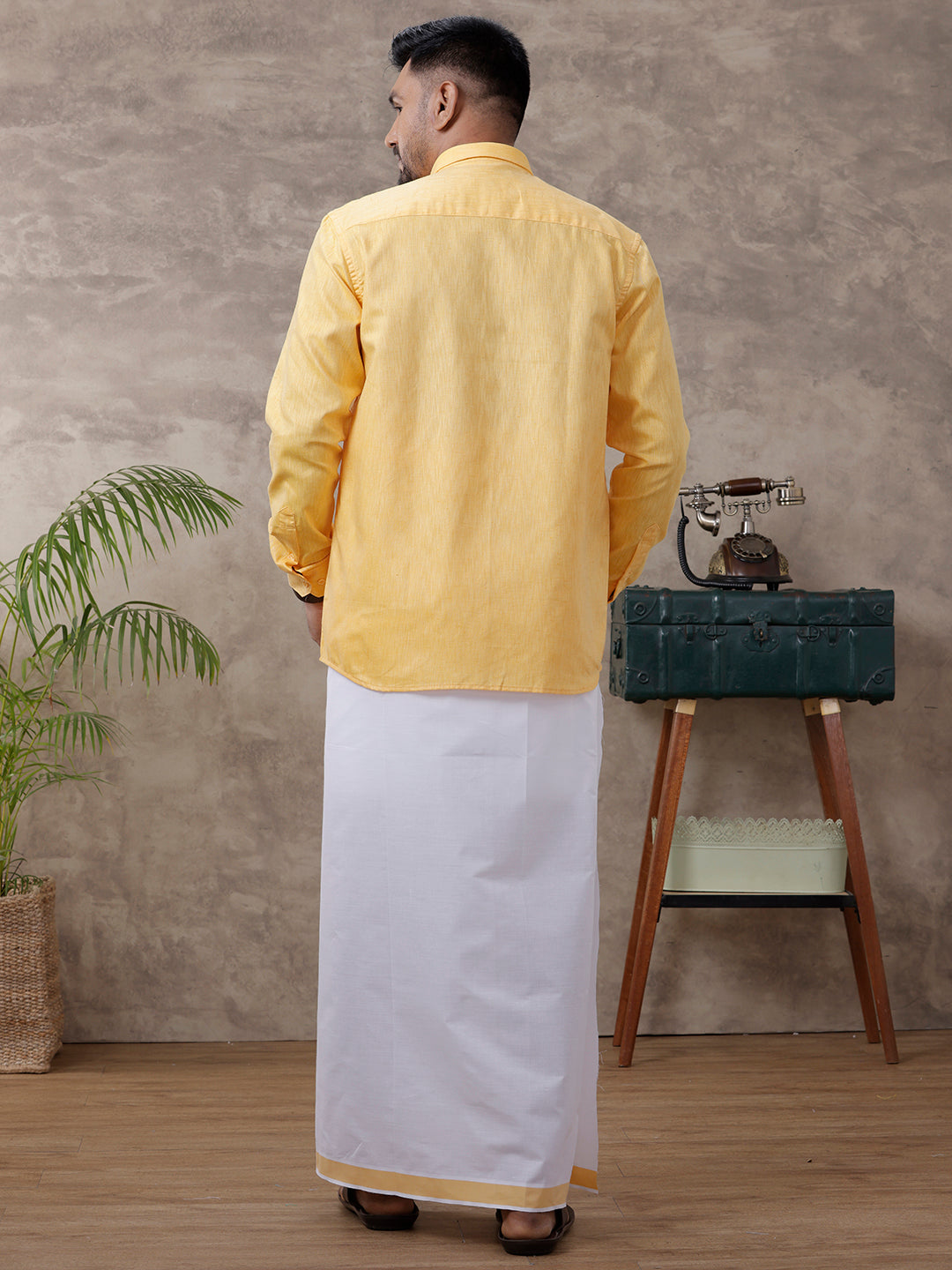 Men Matching Border Dhoti & Full Sleeves Shirt Set Gold C3