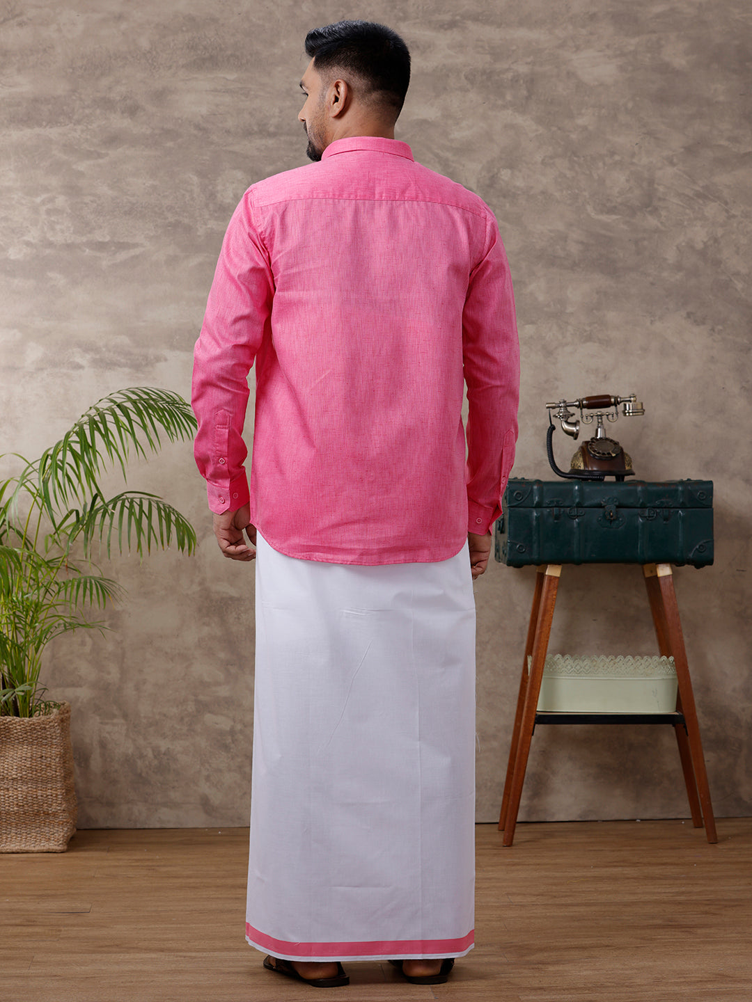 Men Matching Border Dhoti & Full Sleeves Shirt Set Rose C34