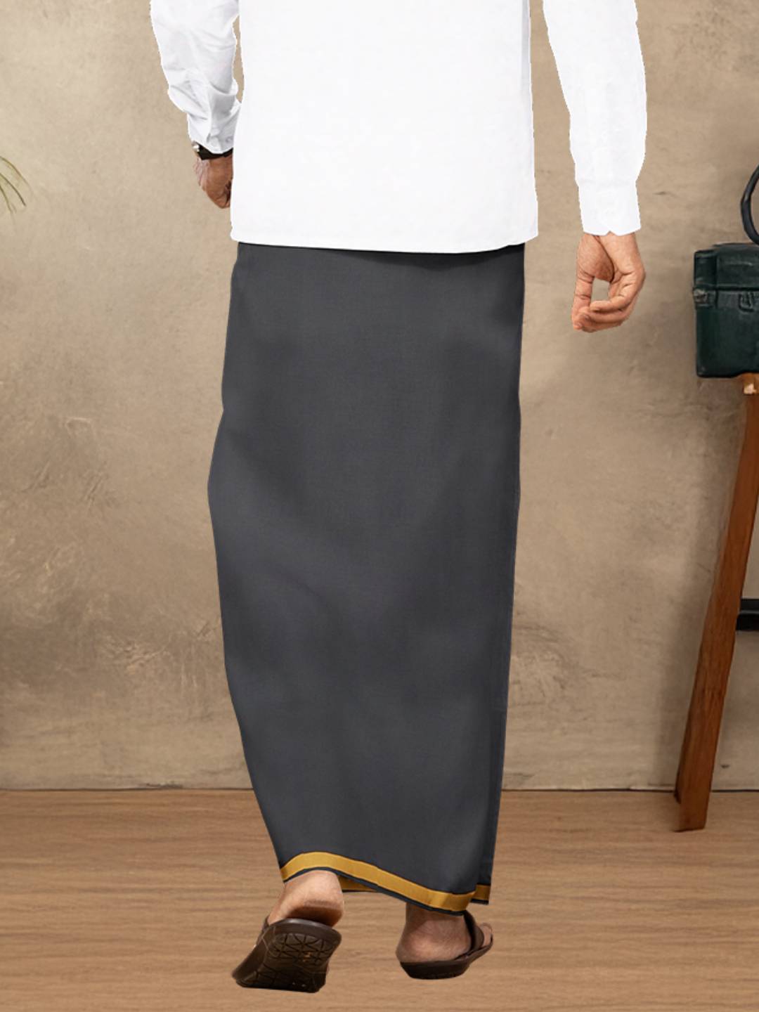 Men 100% Cotton Single Layer Dark Cement Dhoti with Big Border Poojan