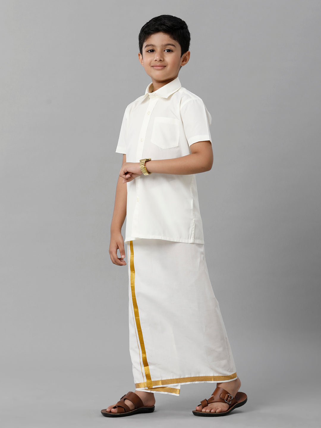 Like Father Like Son Half Sleeves Cream Shirt Dhoti Set Combo