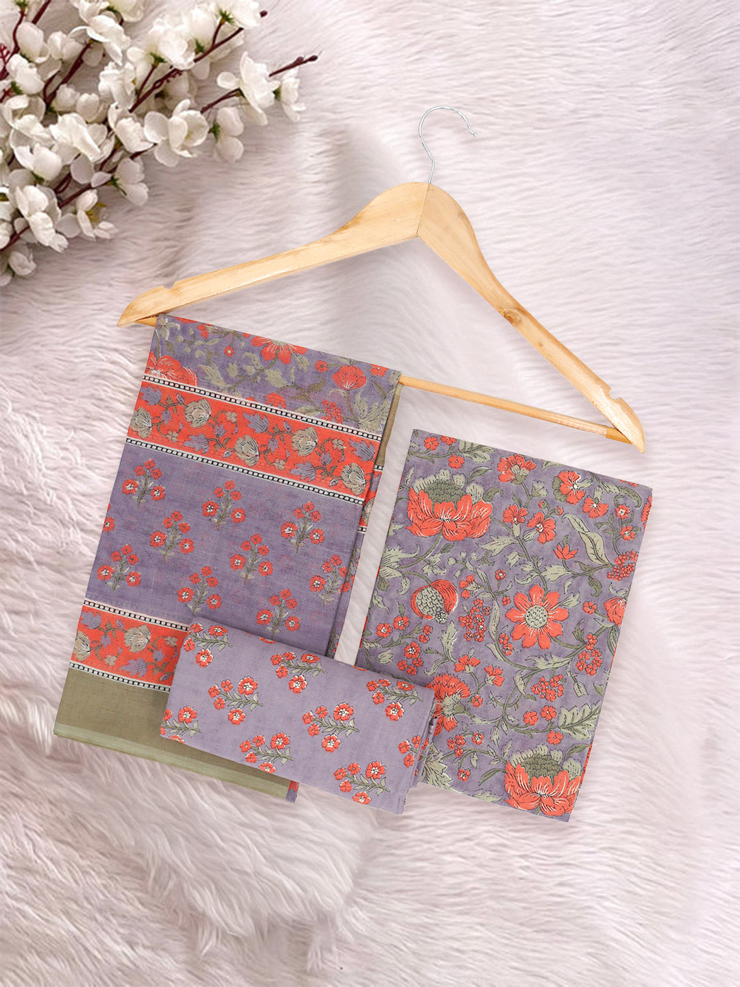 Women Pure Cotton Printed Dress Material Violet with Orange DM341