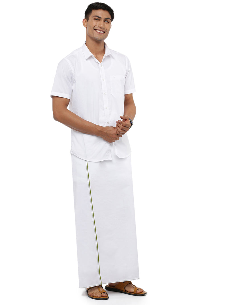 Mens White Single Dhoti with Light Green Small Border Gold Star Fine