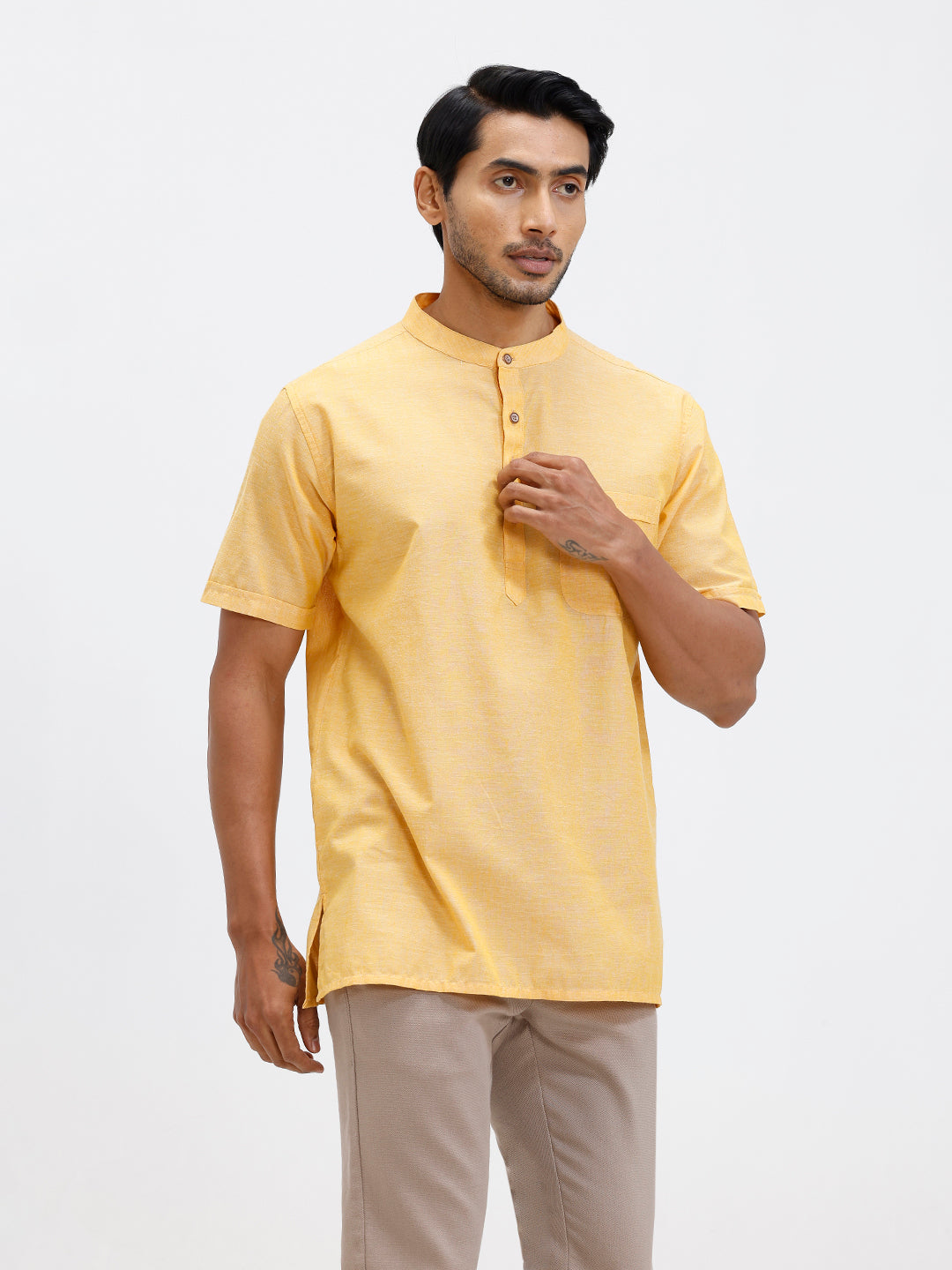 Men Cotton Short Length Plain Pocket Kurta Pale Orange PC31