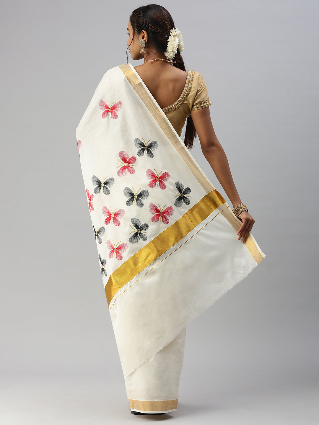 Kerala Cream Colorful Butterfly Embroidery Saree with Gold Zari Border KS83-Back view