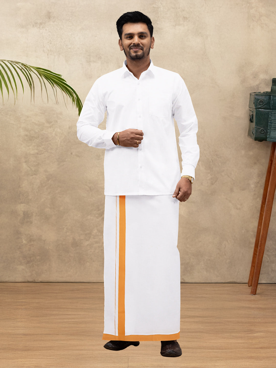 Men Cotton Blend Single Layer White Dhoti with Big Border WS23