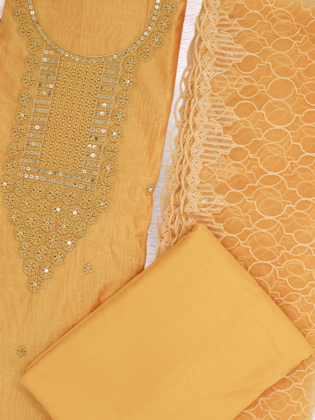 Women Semi Chanderi Embroidered Dress Material  Golden Yellow DM361