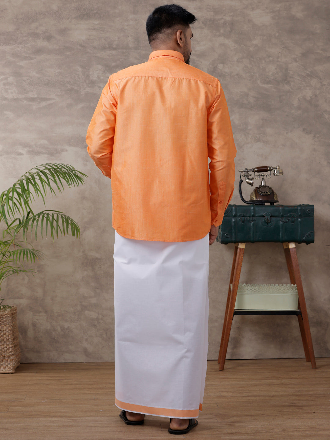 Men Matching Jari Border Dhoti & Full Sleeves Shirt Set Orange VB4