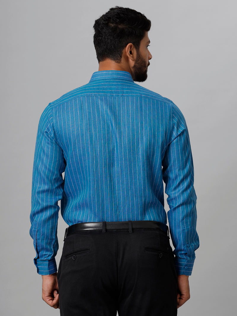 Mens Pure Linen Striped Full Sleeves Blue Shirt LS11