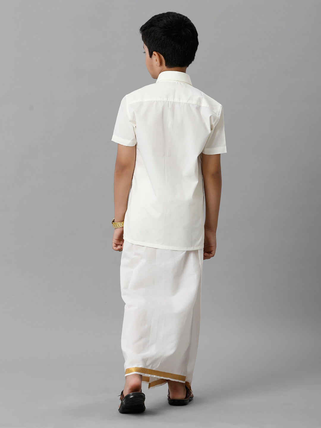 Boys Cotton Cream Half Sleeve Shirt with Dhoti Set-Back view
