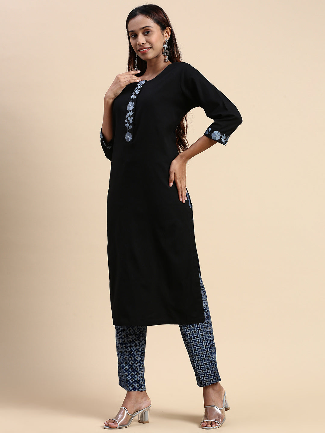 Women Cotton Embroidered Round Neck Straight Cut Black & Blue Kurti Set EKS01-Front view