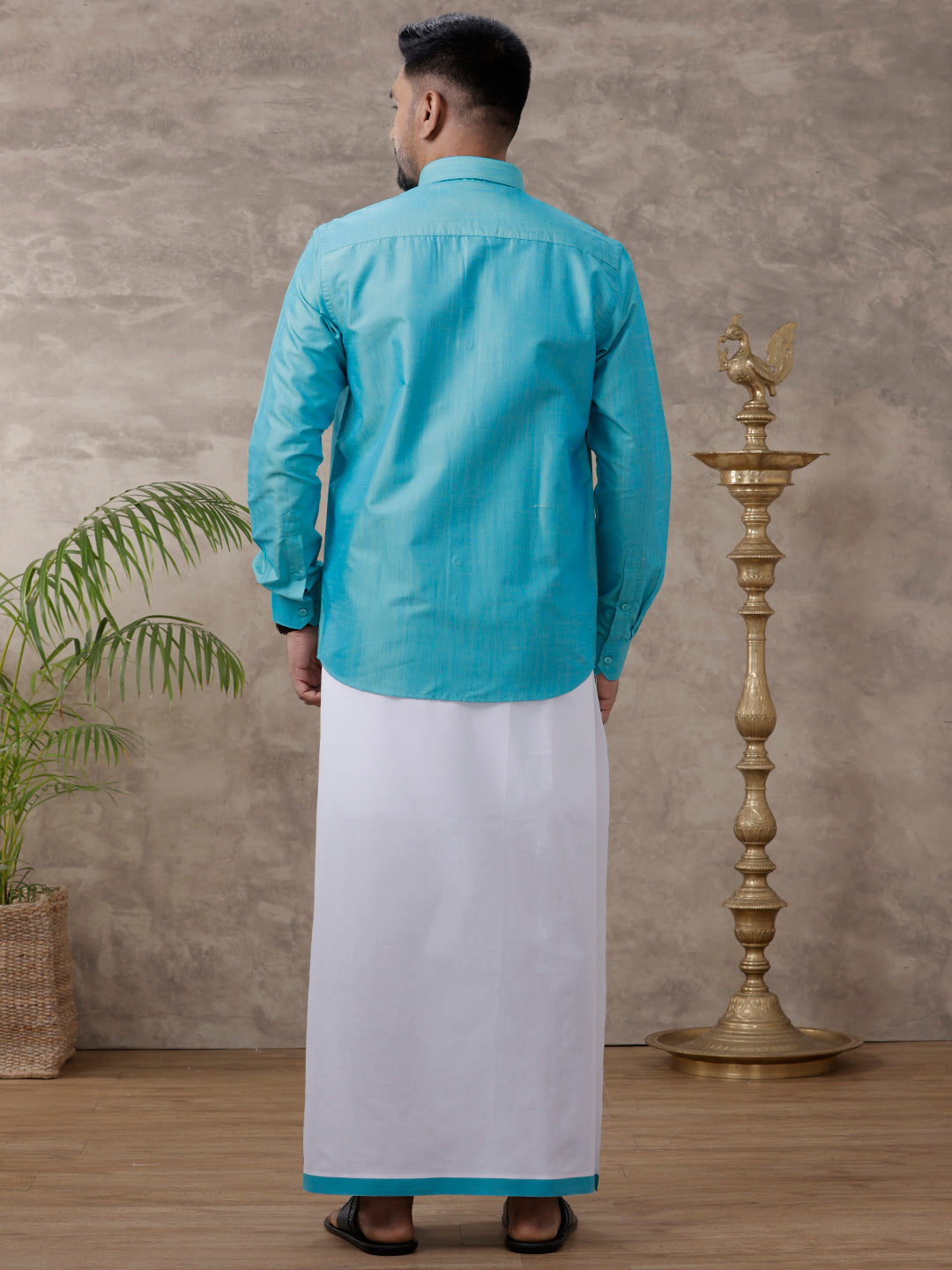 Men Matching Jari Border Dhoti & Full Sleeves Shirt Set Blue VB8