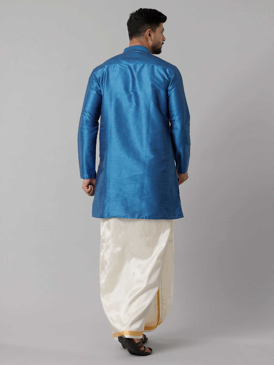 Mens Polyster Blue Medium Length Kurta with Art Silk Jari Dhoti Combo SL01-Back view