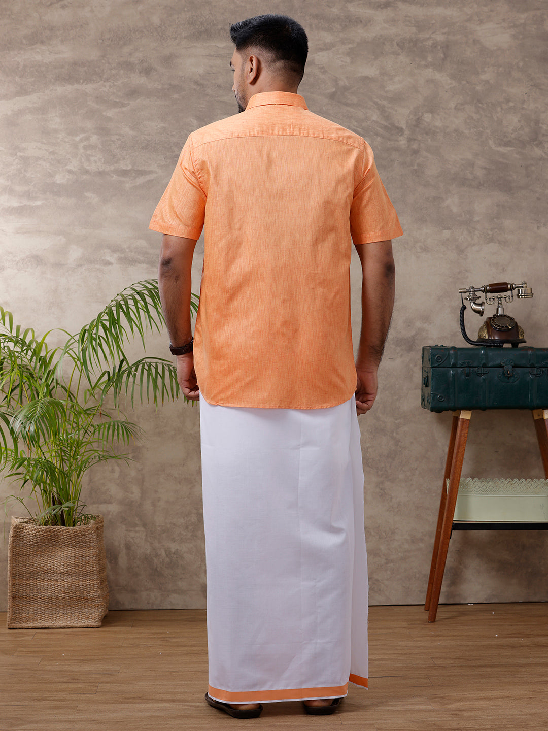 Mens Matching Border Dhoti & Shirt Set Half Orange C2