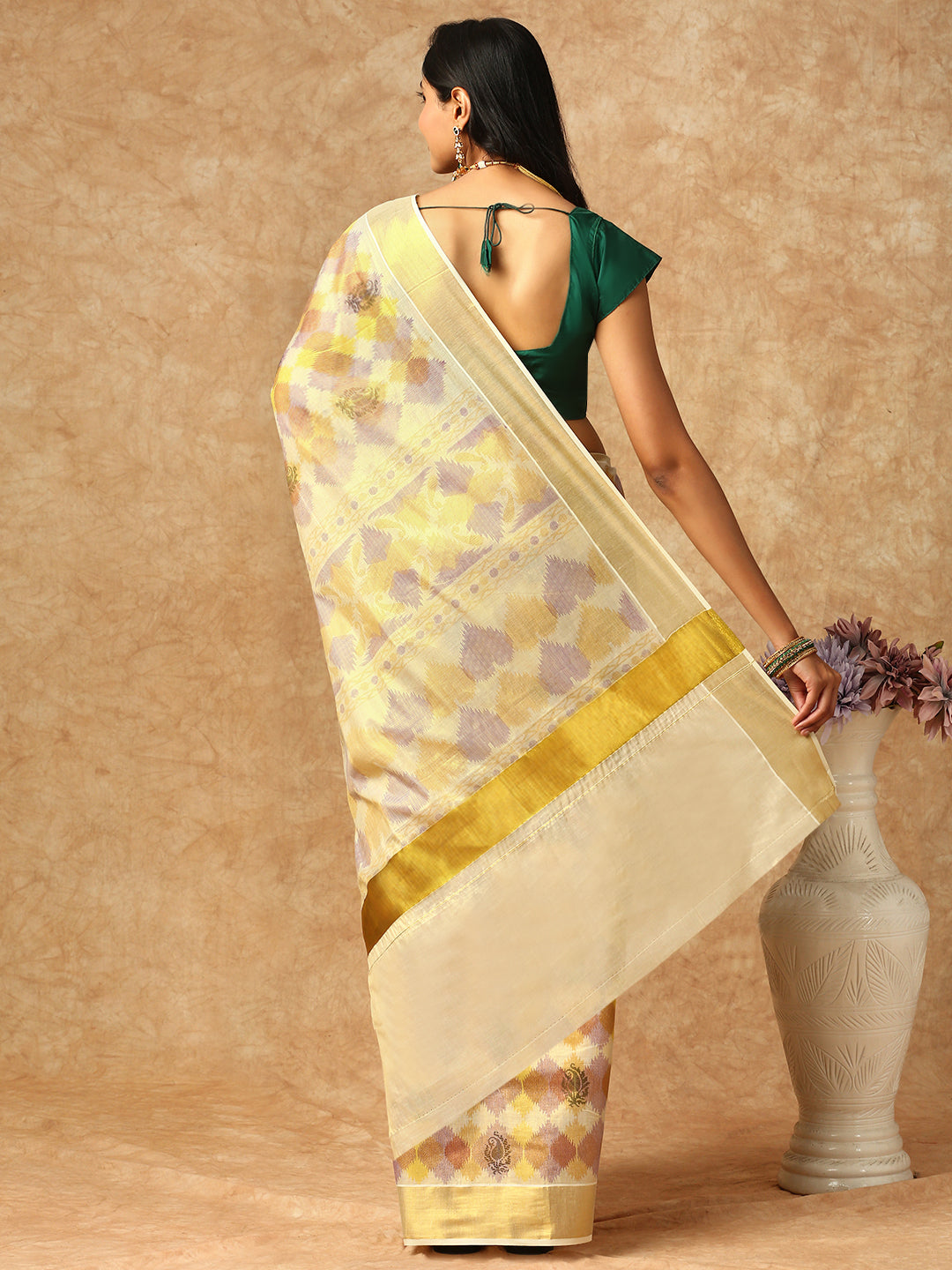 Women Kerala Cream Printed Tissue Saree KS148