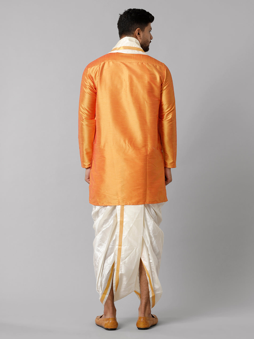 Mens Polyster Orange Medium Length Kurta with Art Silk Panchakacham Towel Combo SL03-Back view