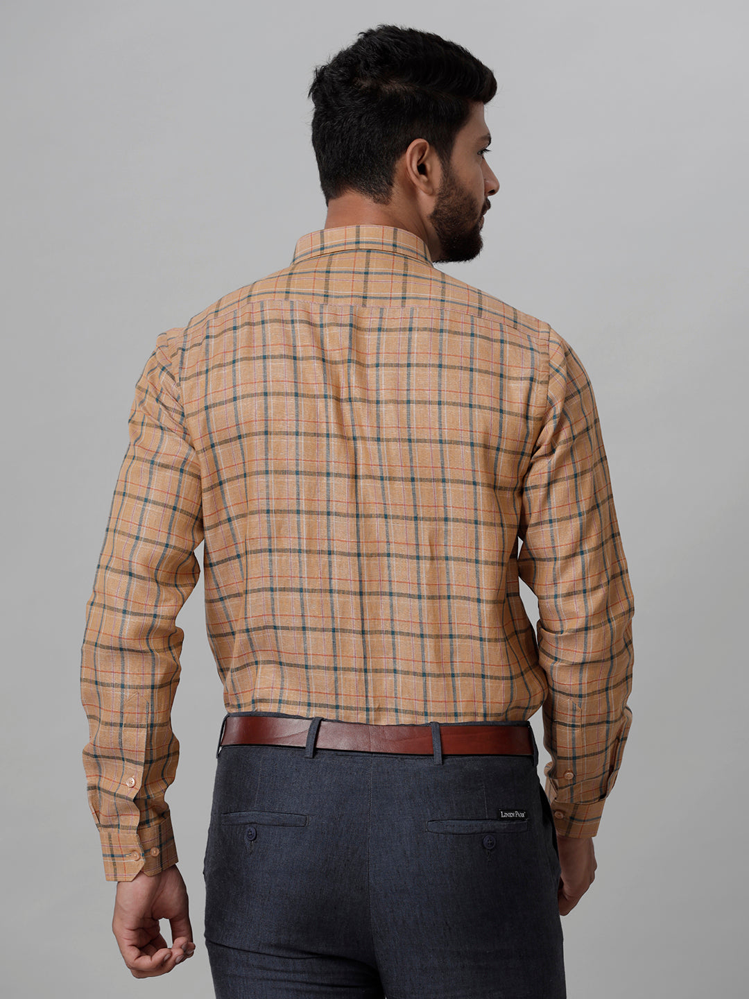 Mens Pure Linen Checked Full Sleeves Brown Shirt LS8-Back view