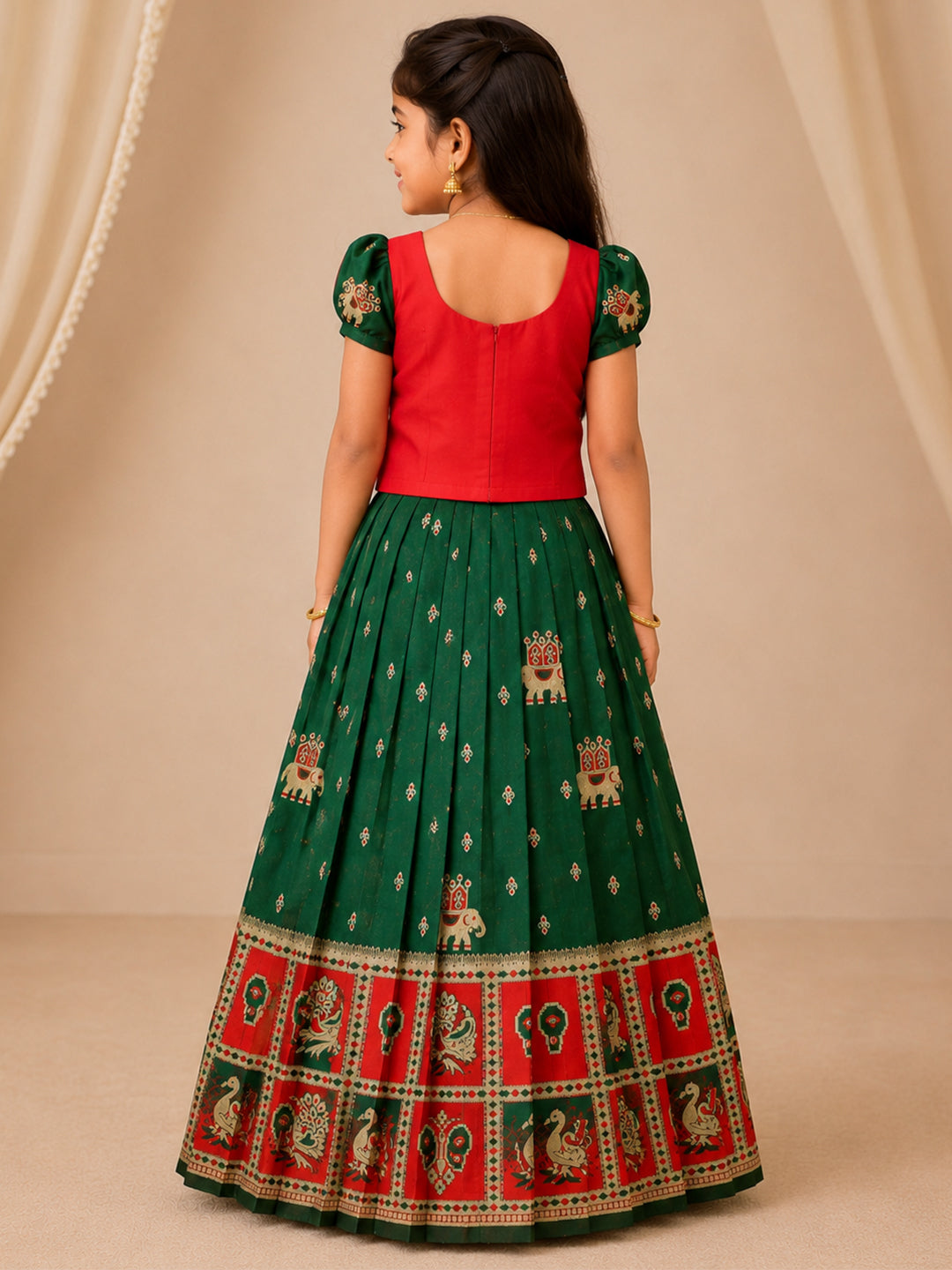 Girls Cotton Red Pattu Pavadai Set GPS41