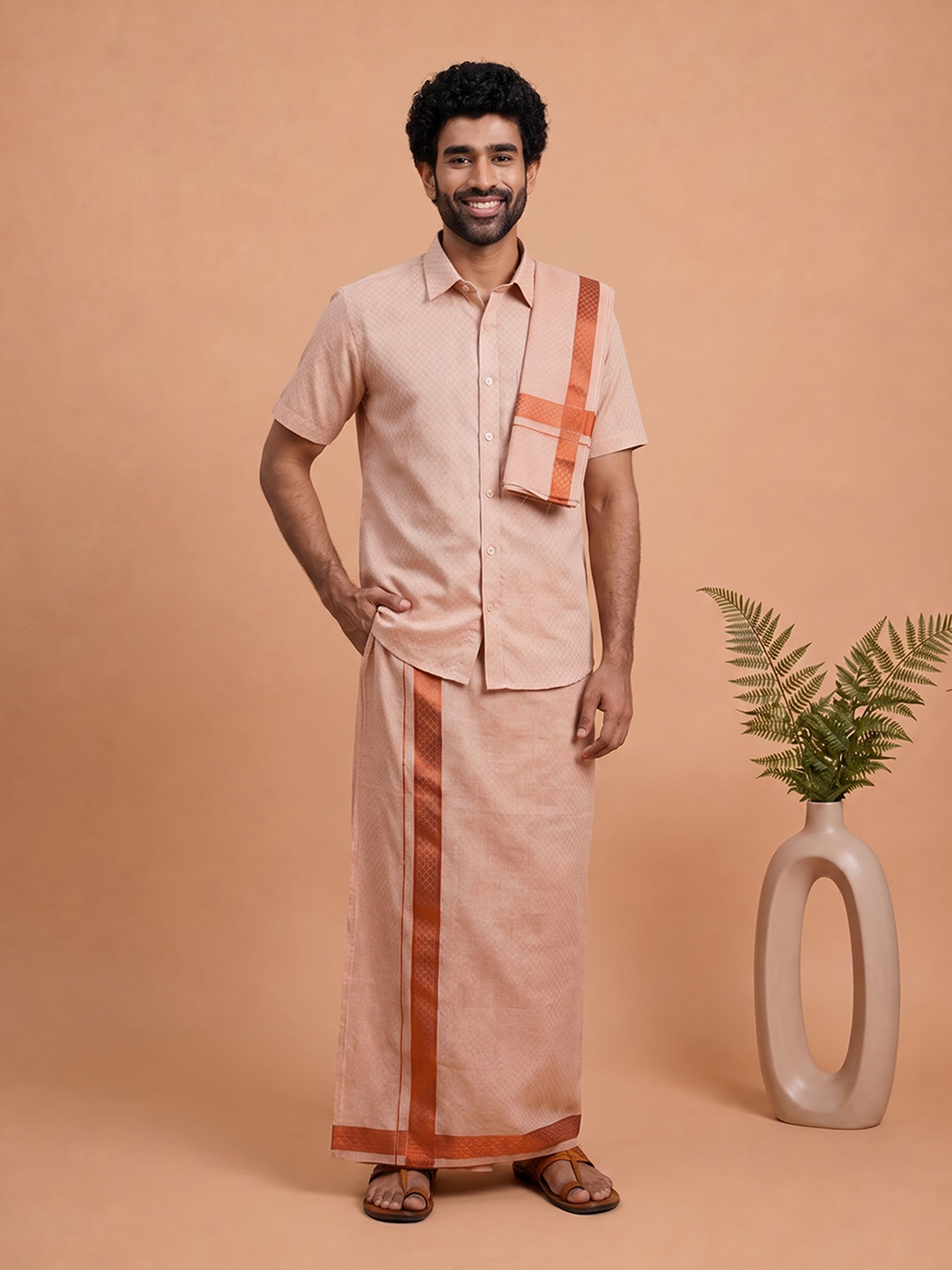 Tissue Copper Jacquard Shirt, Dhoti & Towel (3-in-1)Set | CD12