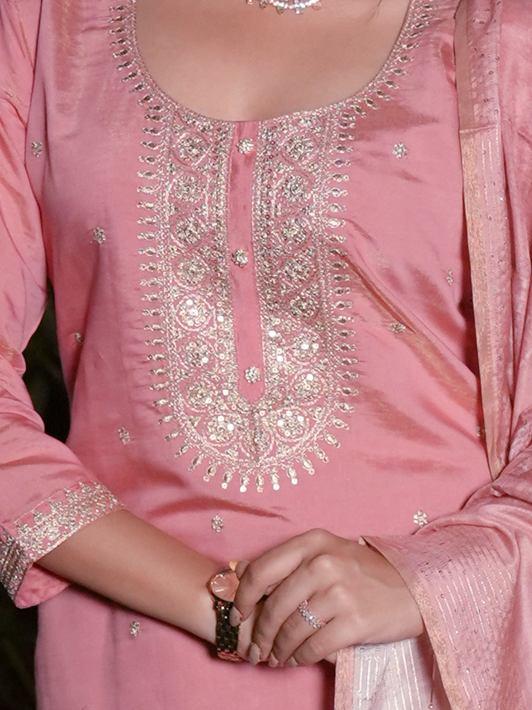 Women Pink MM Silk Embroidered Kurti Set EKS116