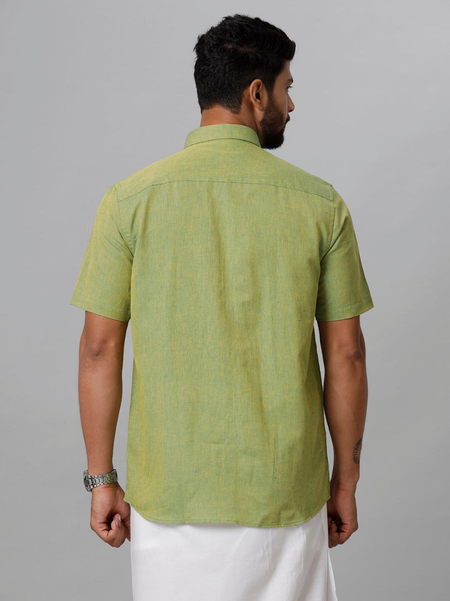 Mens Linen Cotton Formal Yellowish Green Half Sleeves Shirt LF9-Back view