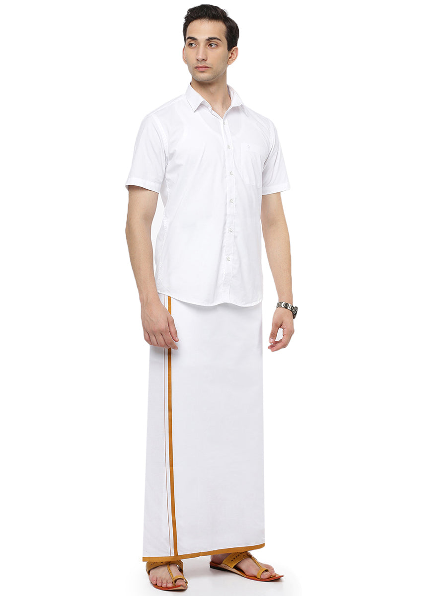 Mens Double Dhoti White with Big Border External Brown-Front view