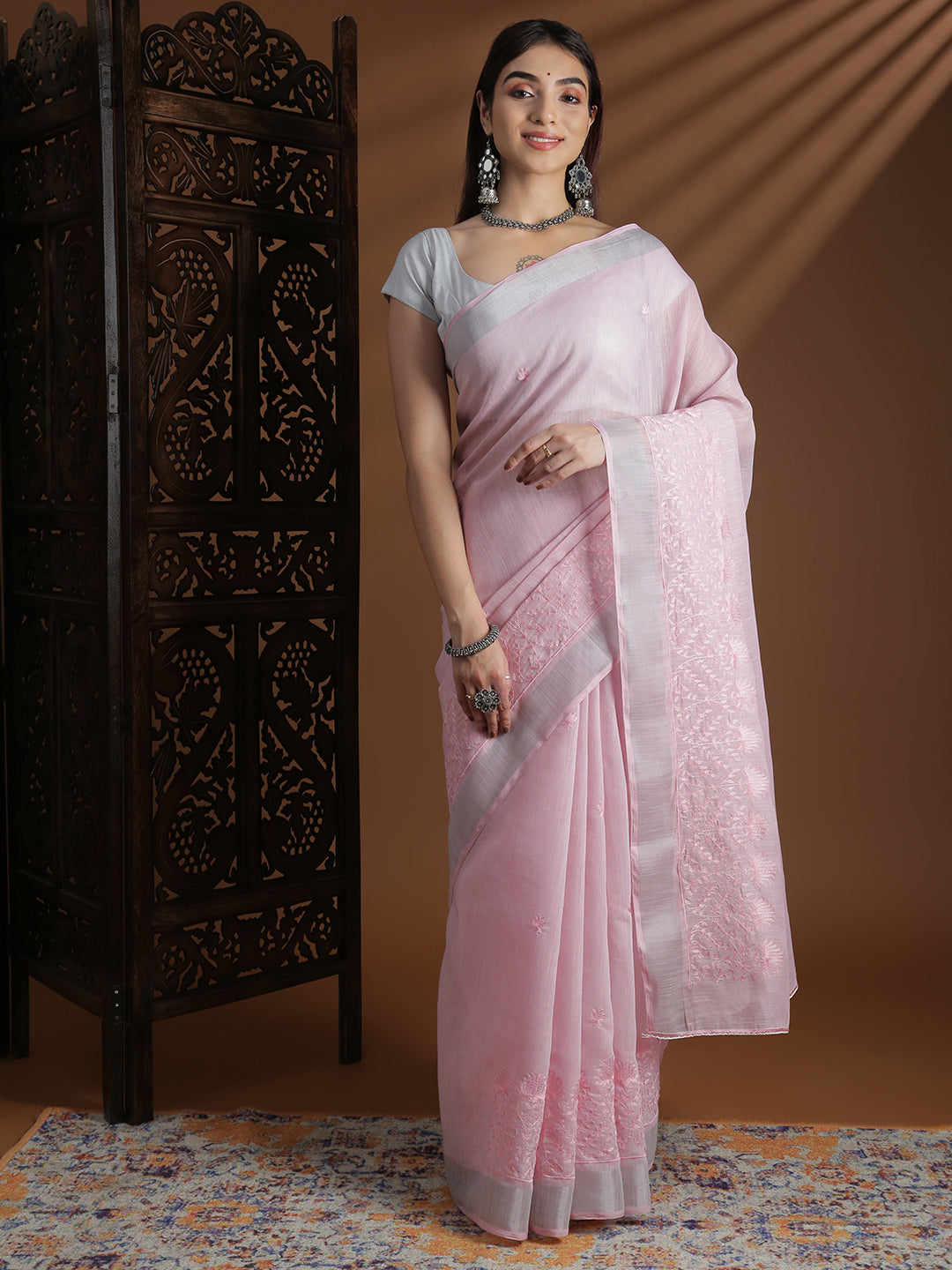 Women Pink Semi Linen Embroidered Saree SL241