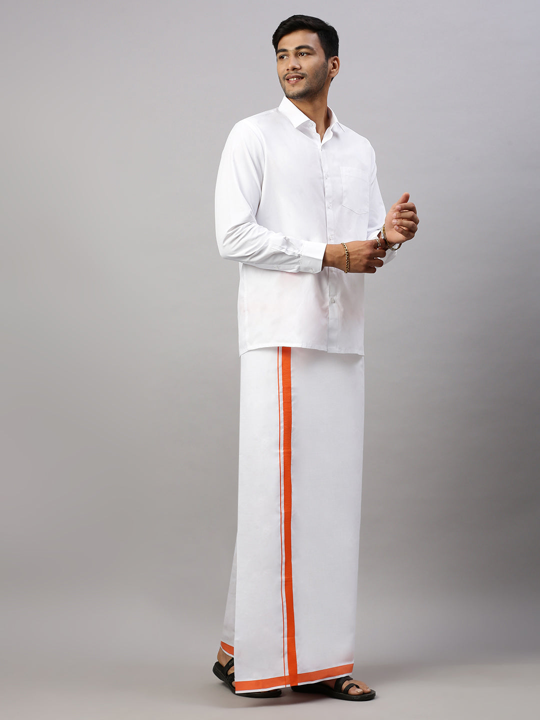 Mens Elegant Look Cotton Single Dhoti with Orange Fancy Border
