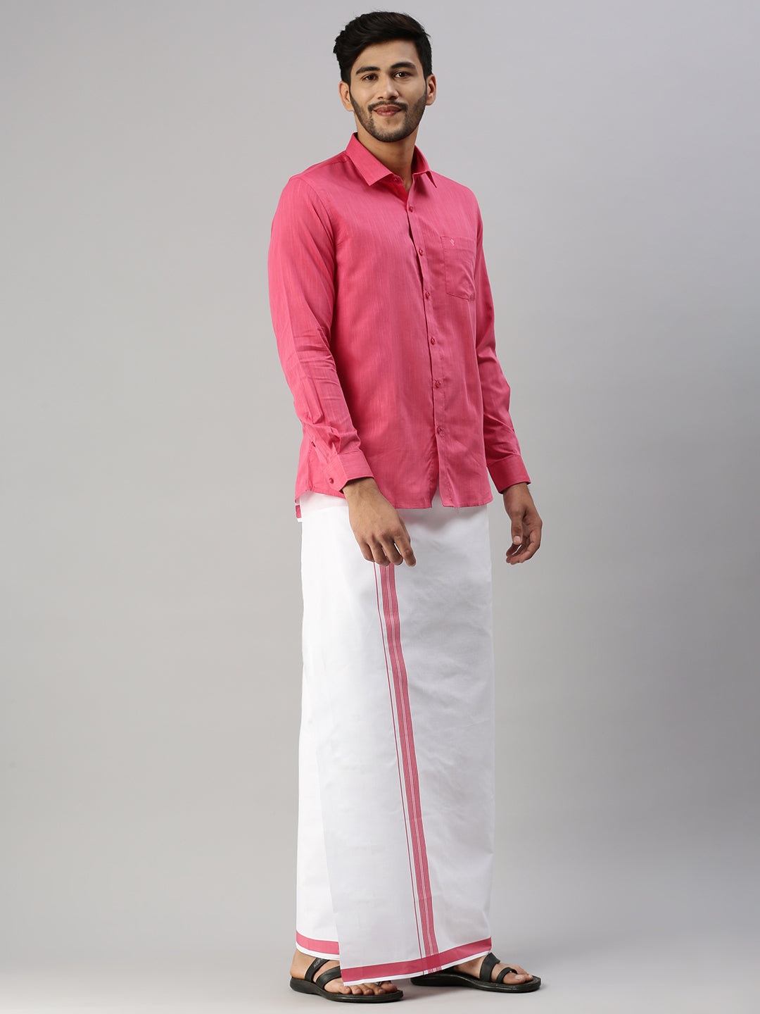 Mens Pink Matching Border Dhoti & Full Sleeves Shirt Set Evolution IC2-Side view